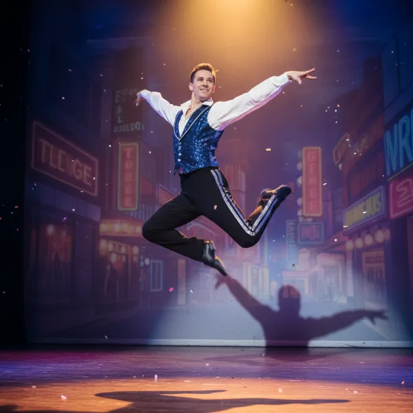 Joven adulto saltando durante una actuación de teatro musical como parte de prácticas escénicas en Madrid