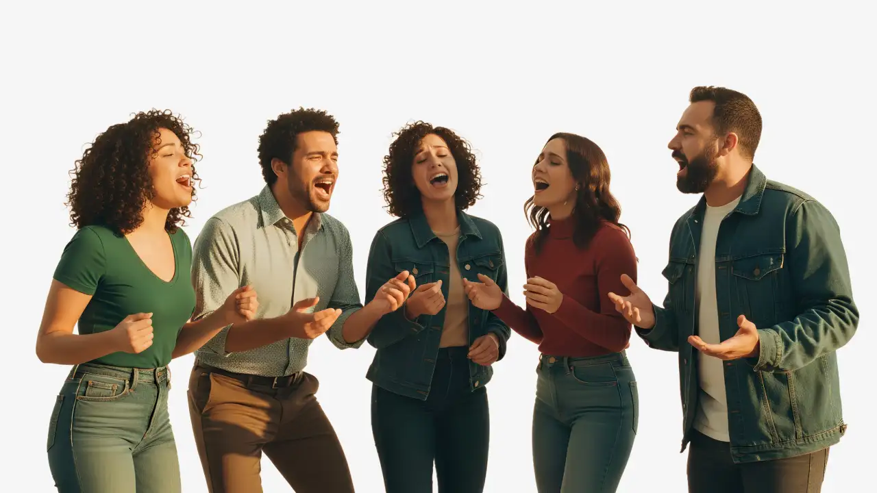 Adultos cantando durante una clase de canto de teatro musical en Madrid