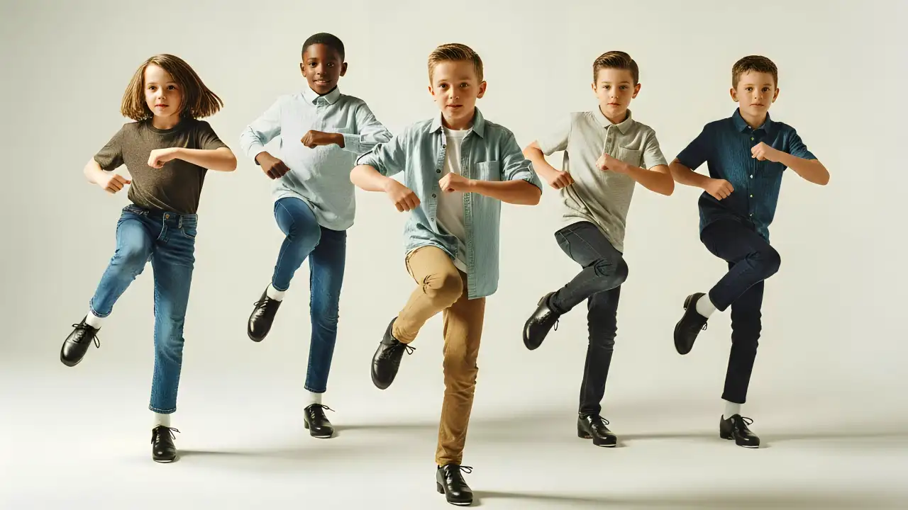 Niños y niñas practicando claqué durante una clase infantil de teatro musical en Madrid