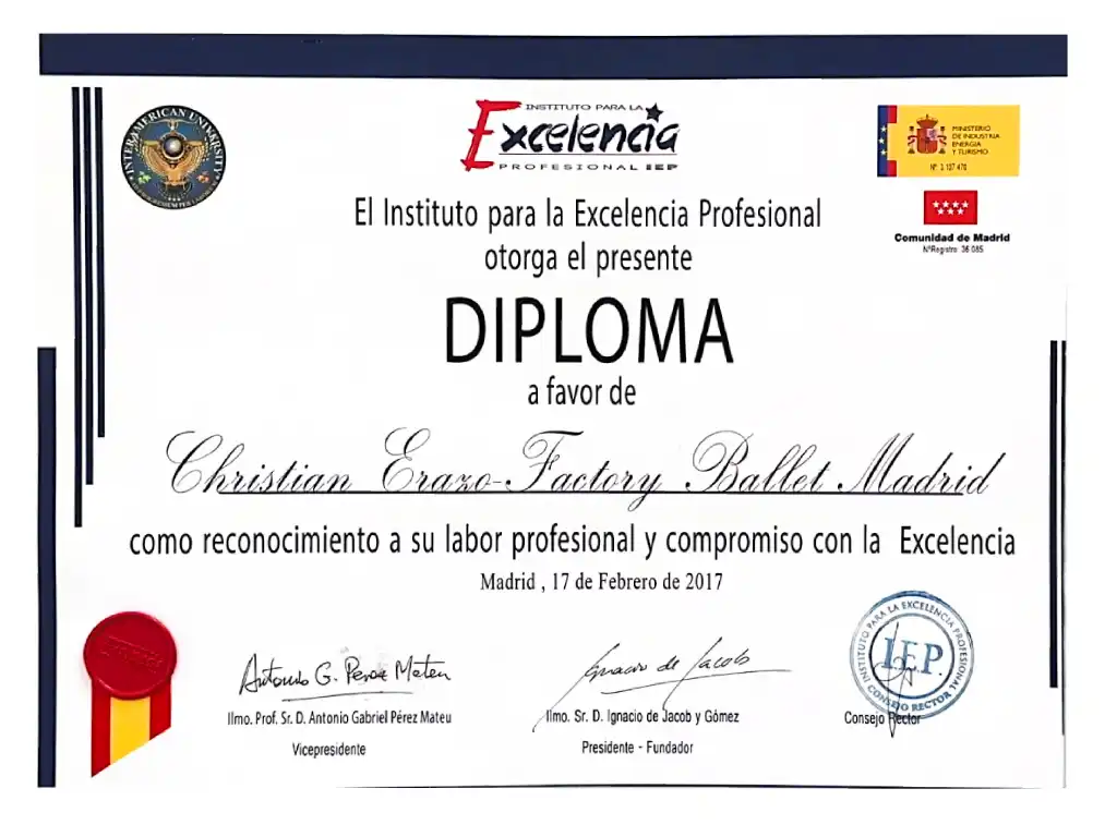 Diploma a la Excelencia Profesional otorgado a la escuela de teatro musical en Madrid