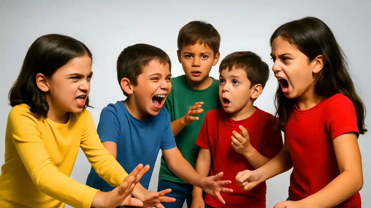 Niños y niñas trabajando interpretación durante una clase infantil de teatro musical en Madrid