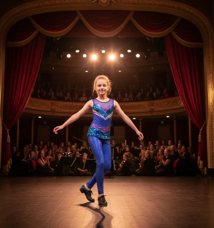 Niña de teatro musical infantil actuando con el público de fondo durante una práctica escénica en Madrid